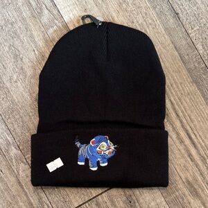 Kids Black Beanie derpy with Blue Tiger Embroidery